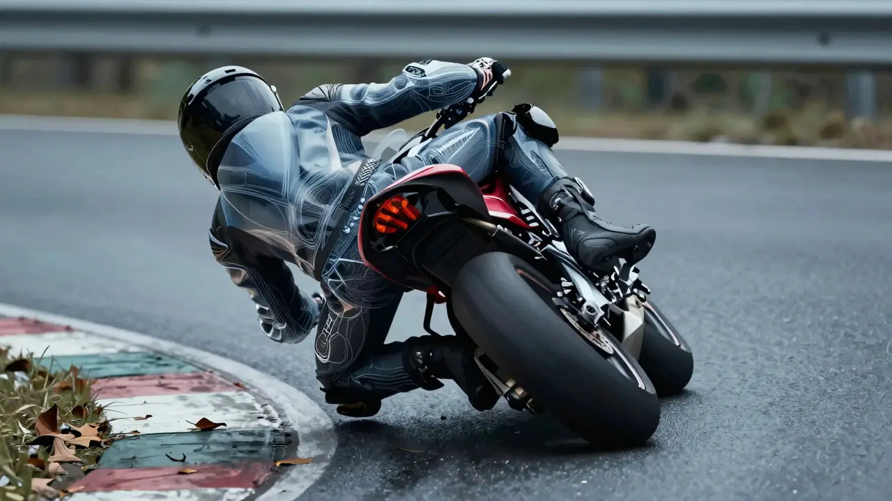 Rider leaning into a corner on a slippery road, showing proper body positioning for control.