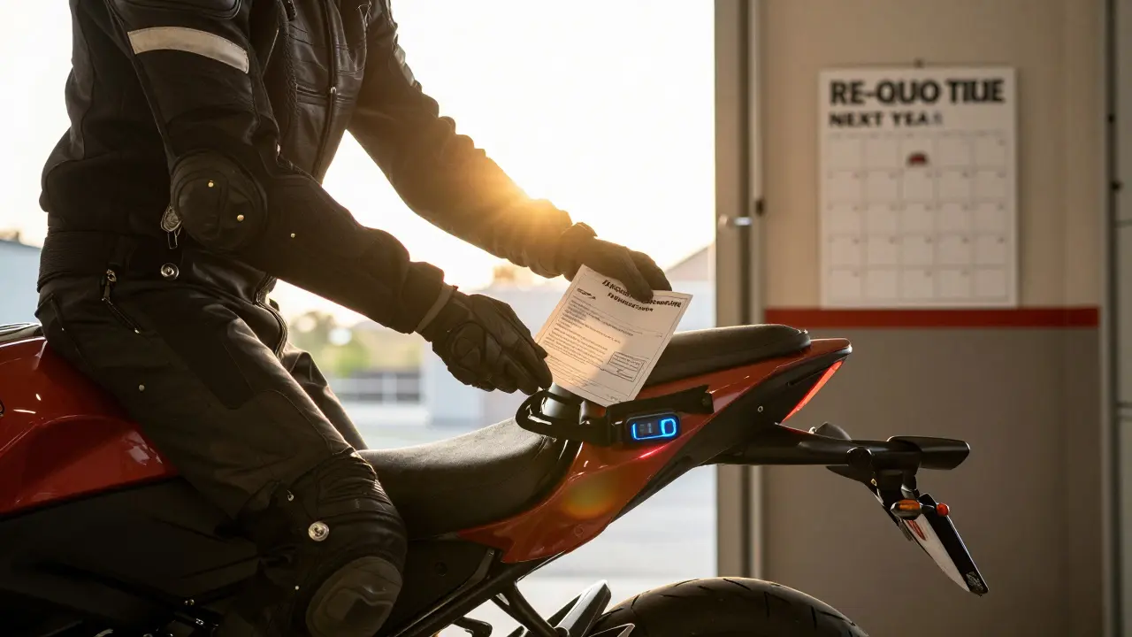 Rider placing insurance document in motorcycle saddlebag during golden hour with GPS tracker visible.
