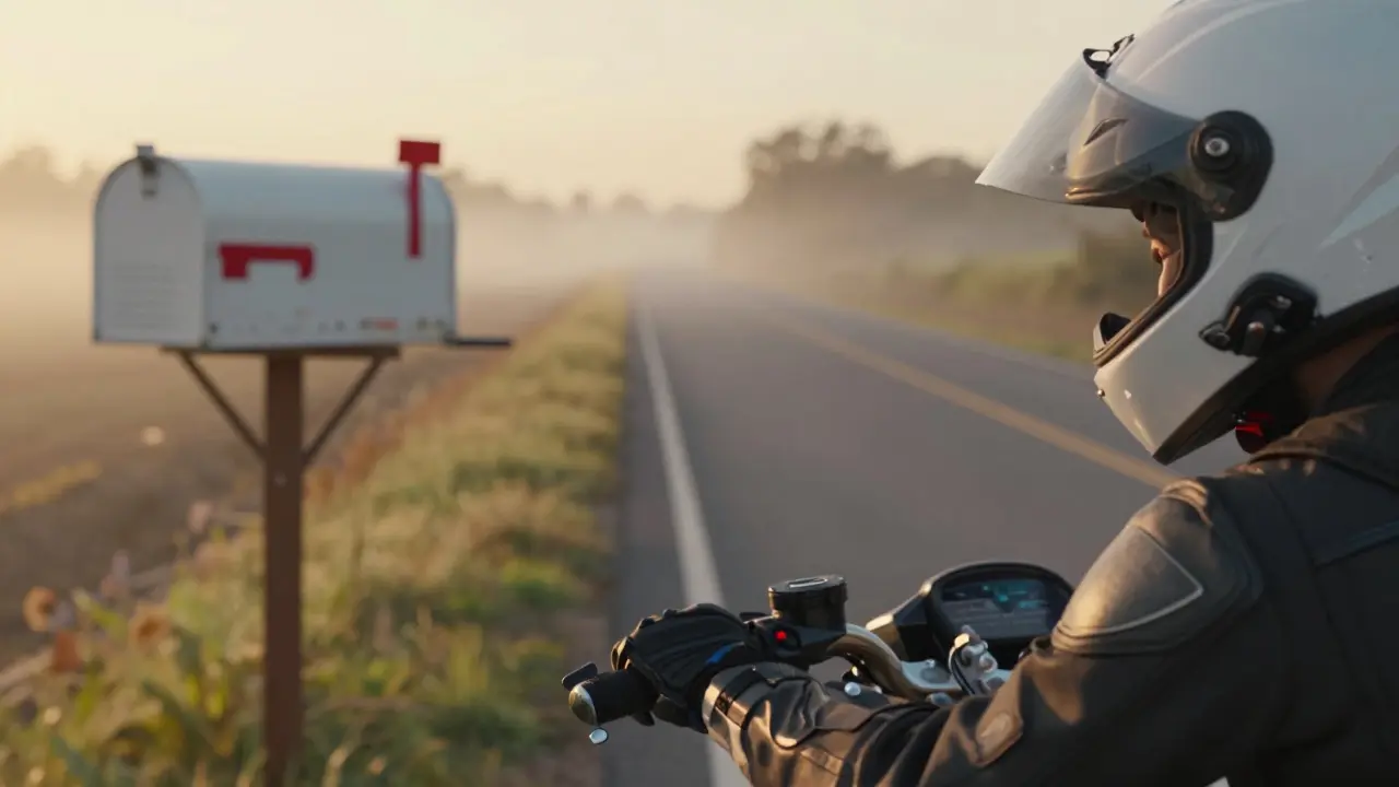 Rider’s view approaching a corner with a mailbox as braking reference, golden dawn light, misty roadside.