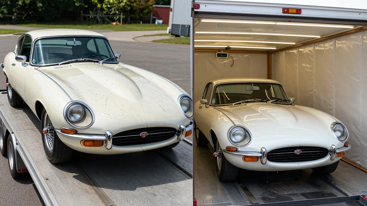 Side-by-side comparison: a damaged classic car on an open carrier versus the same car safely protected in an enclosed trailer.