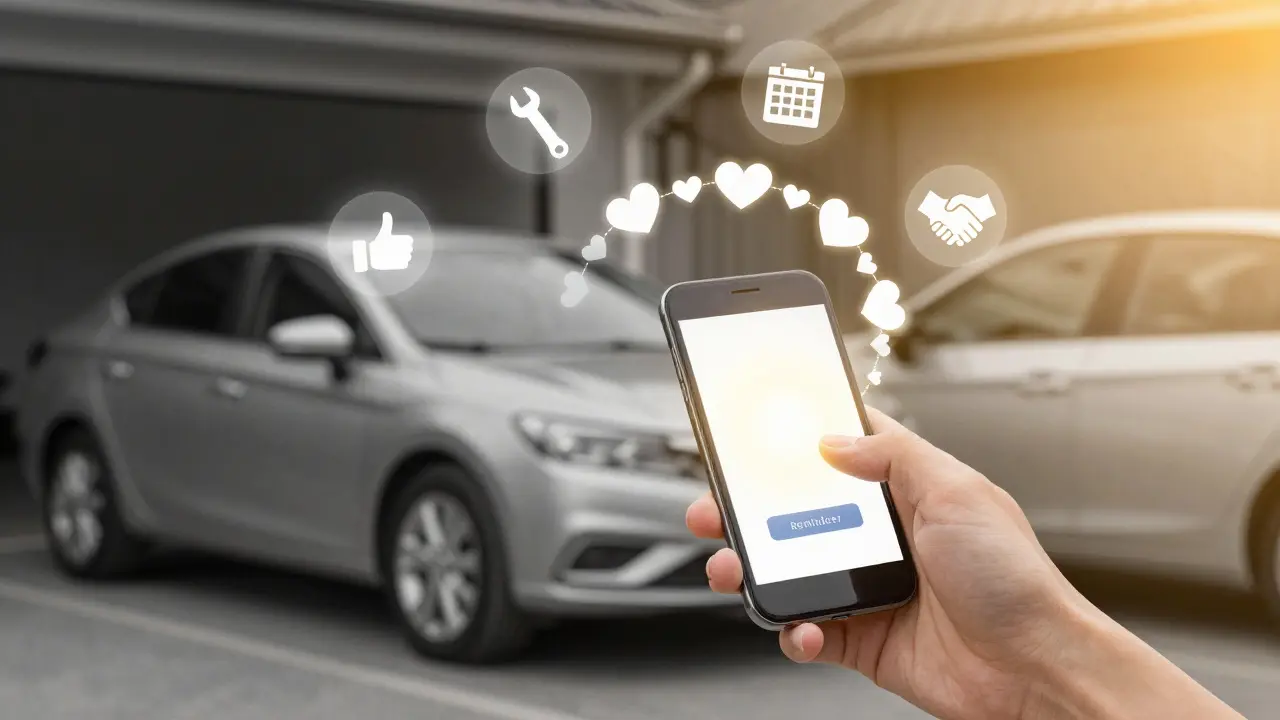 Smartphone reminder transforms into hearts connecting to a car, symbolizing trust and loyalty in auto service.