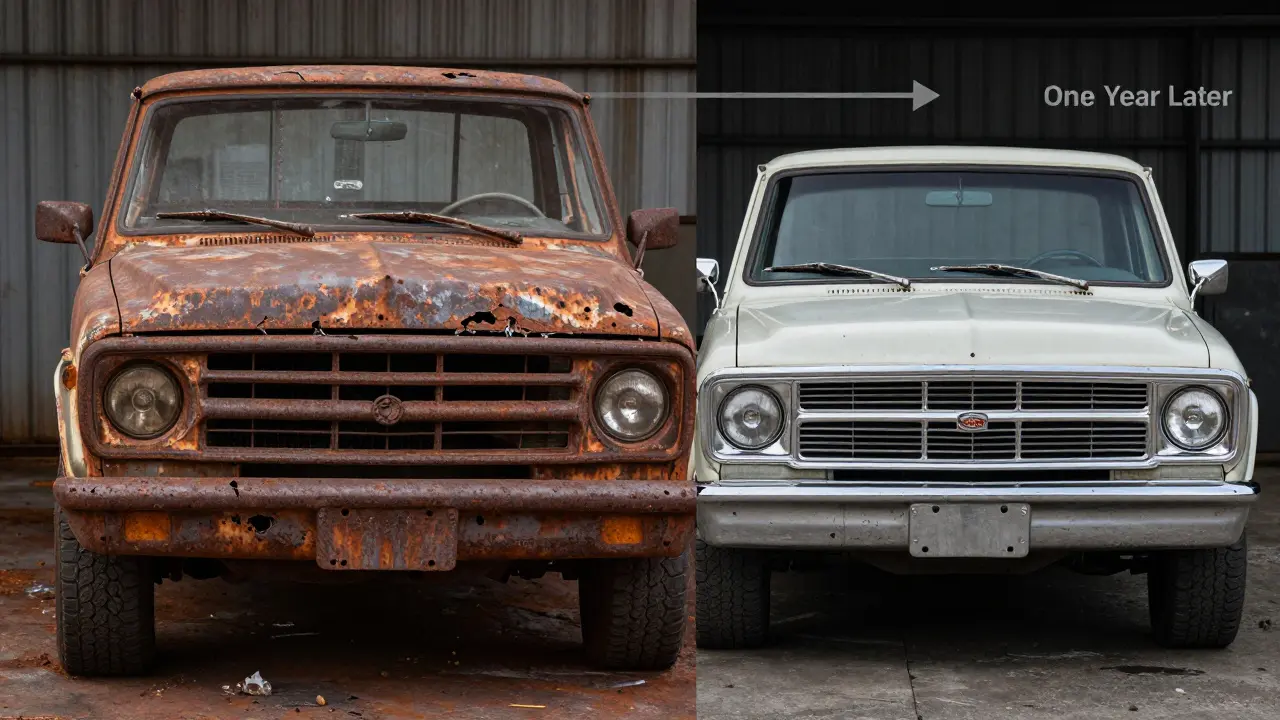 Split image comparing rusted pickup frame versus treated frame after one year of protection.