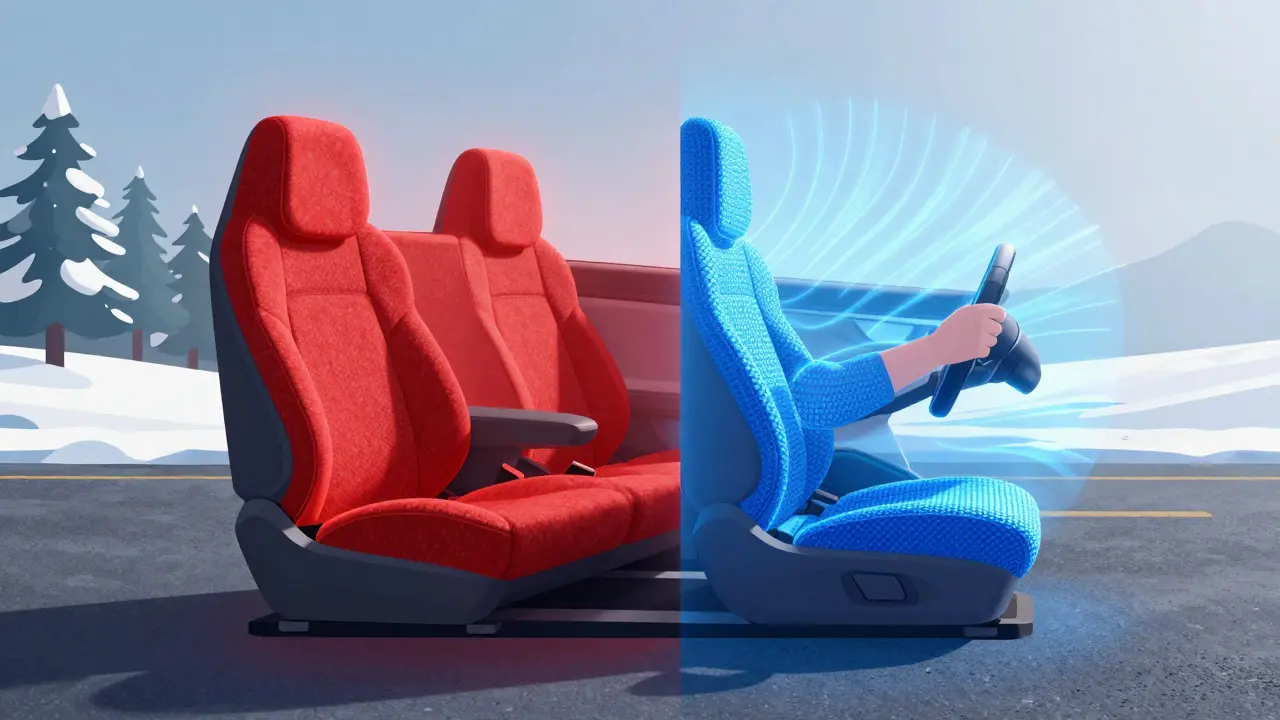 Split-view of a dual-mode seat cover showing heating and cooling functions for seasonal use.