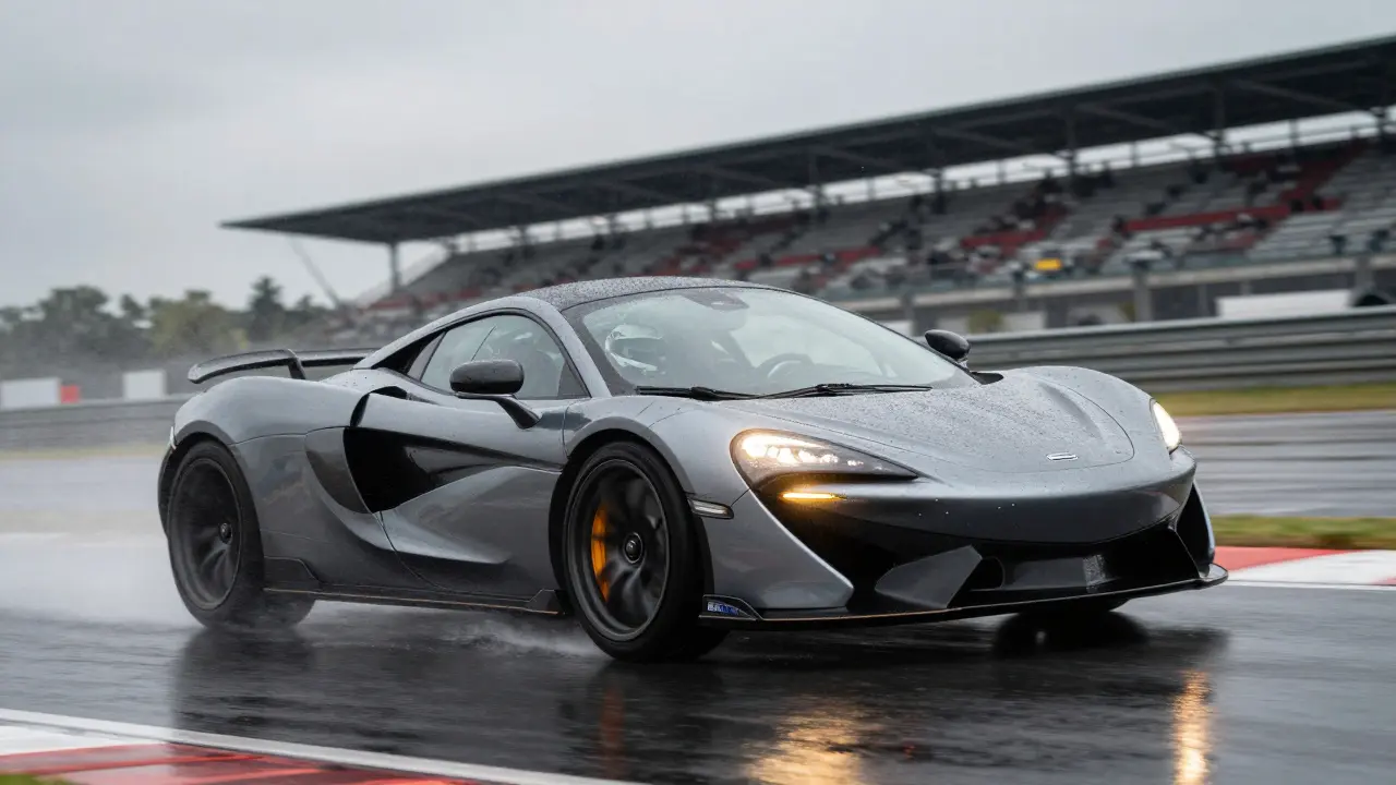 Sports car cornering on a wet track with glowing track tires and driver in safety harness.