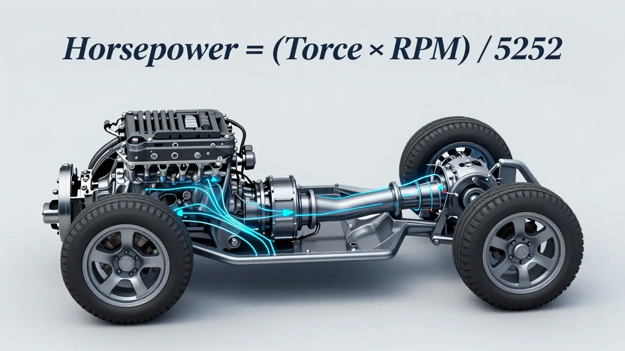 Technical diagram showing torque flow through a car's drivetrain with power loss indicators.