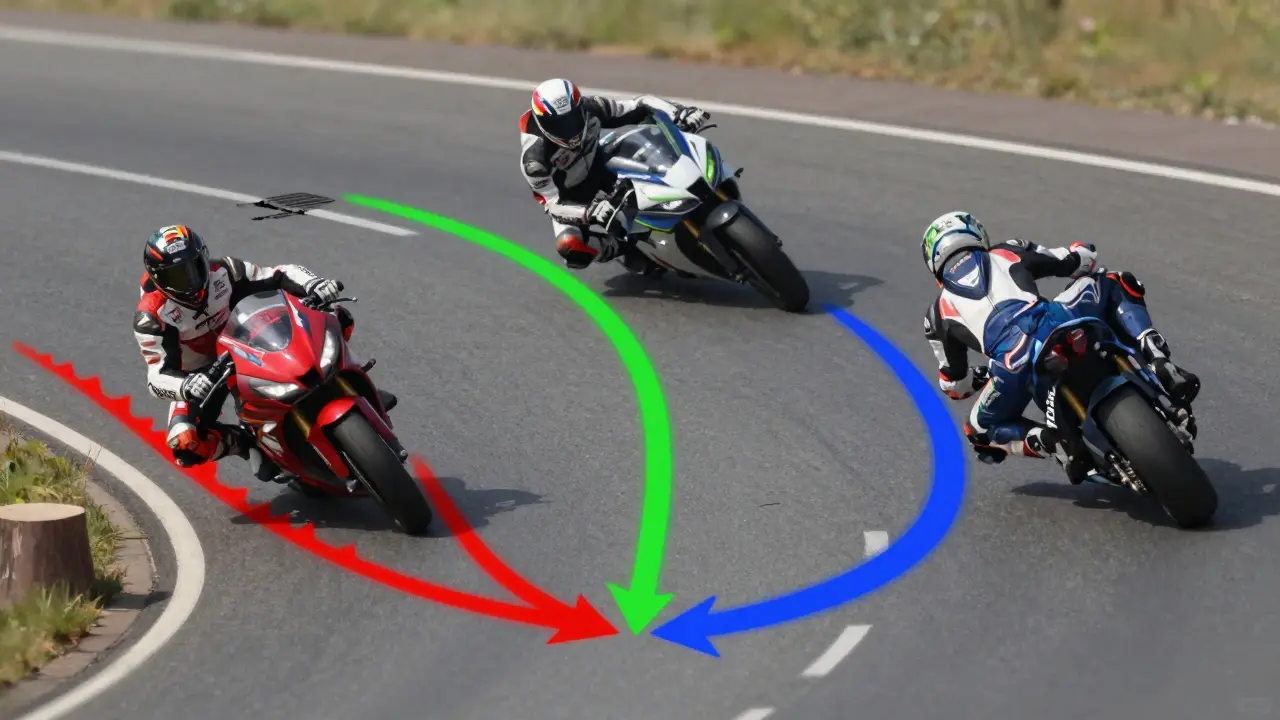 Three motorcycle lines through a double-apex corner showing optimal, late, and perfect braking zones.