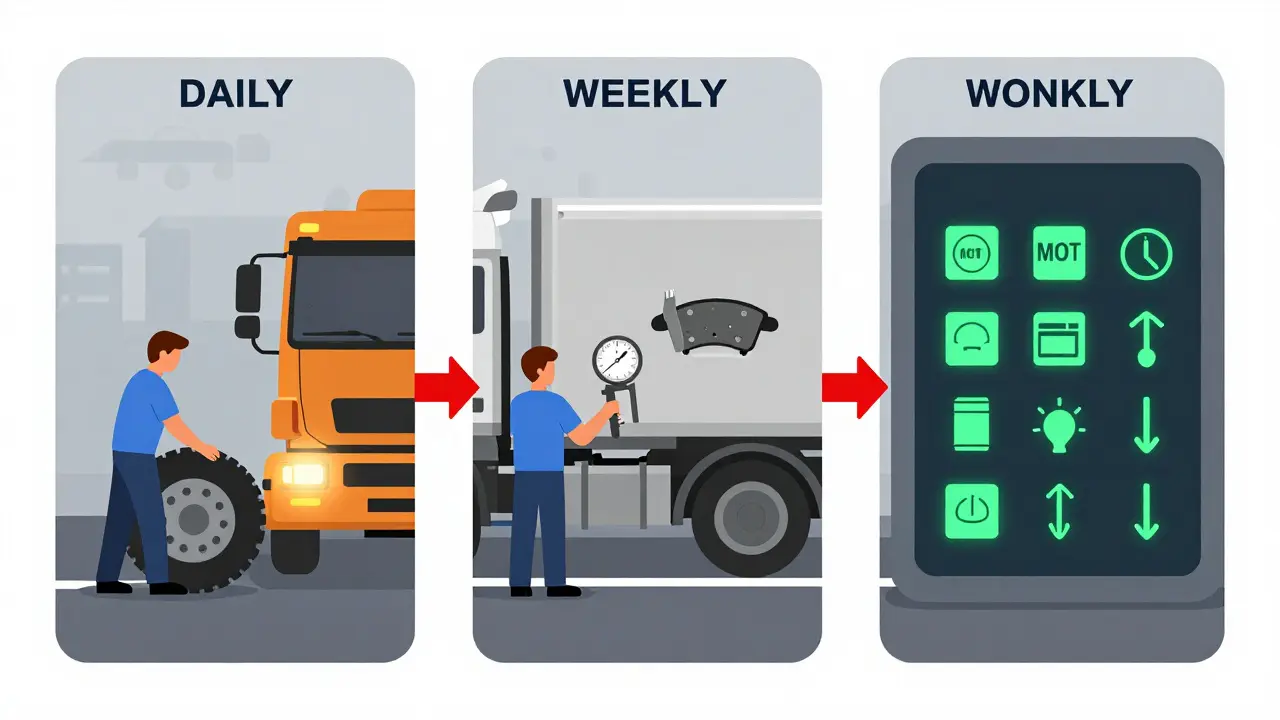 Three-panel illustration showing daily, weekly, and monthly fleet inspection steps with icons and flow lines