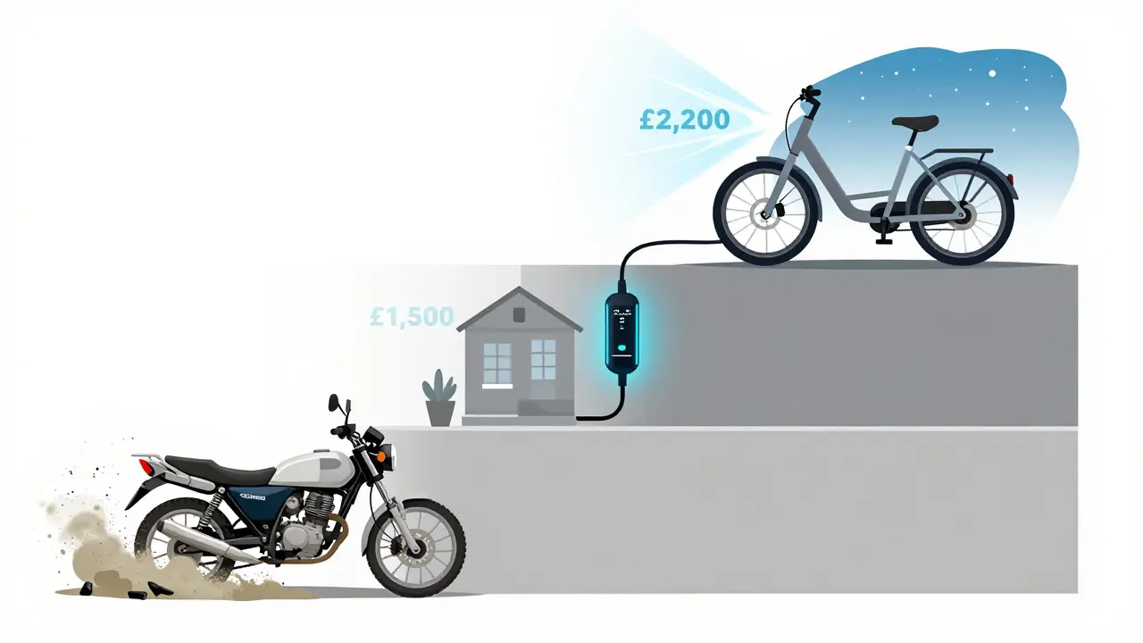 Three-tiered visual scale showing scrap bike, smart charger, and electric motorcycle with subsidy amounts.