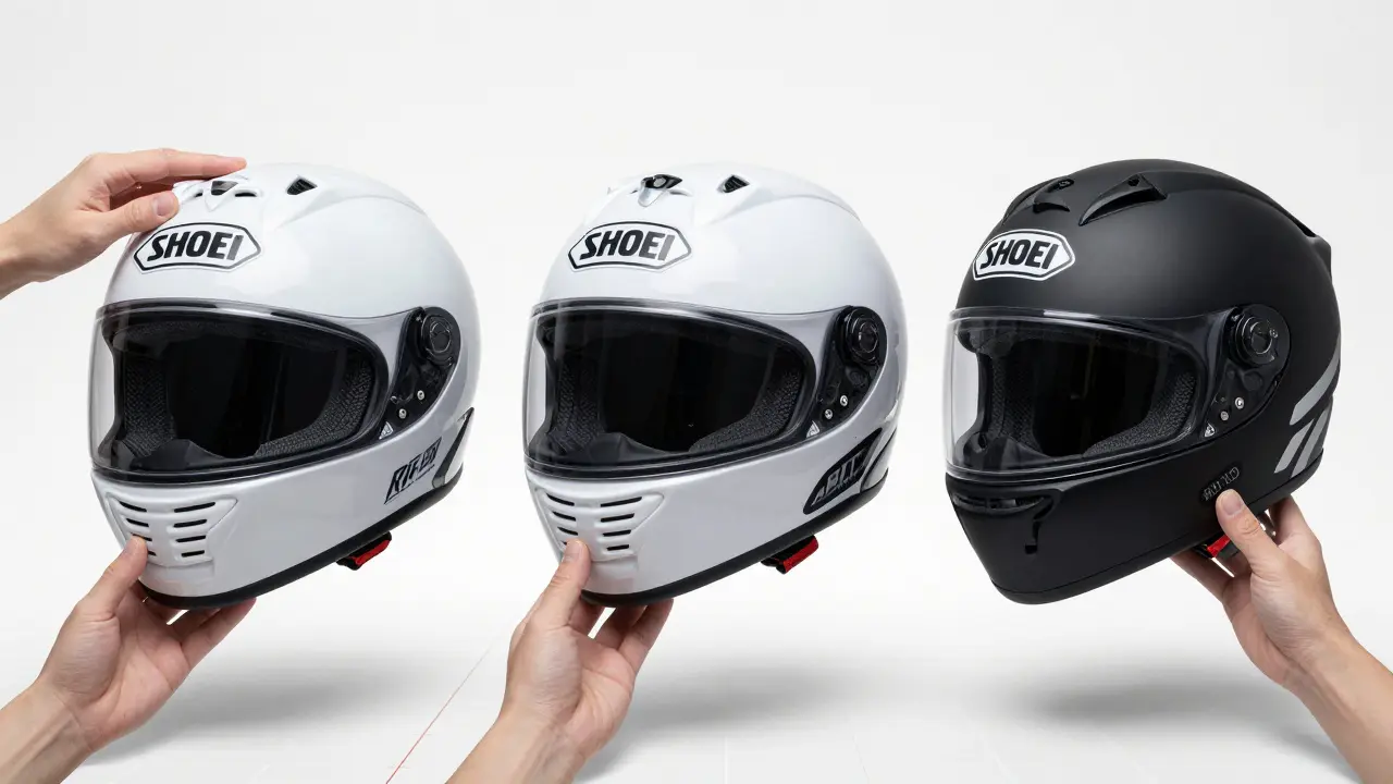 Three women's motorcycle helmets floating with key safety features displayed, hands testing fit, clean white background.