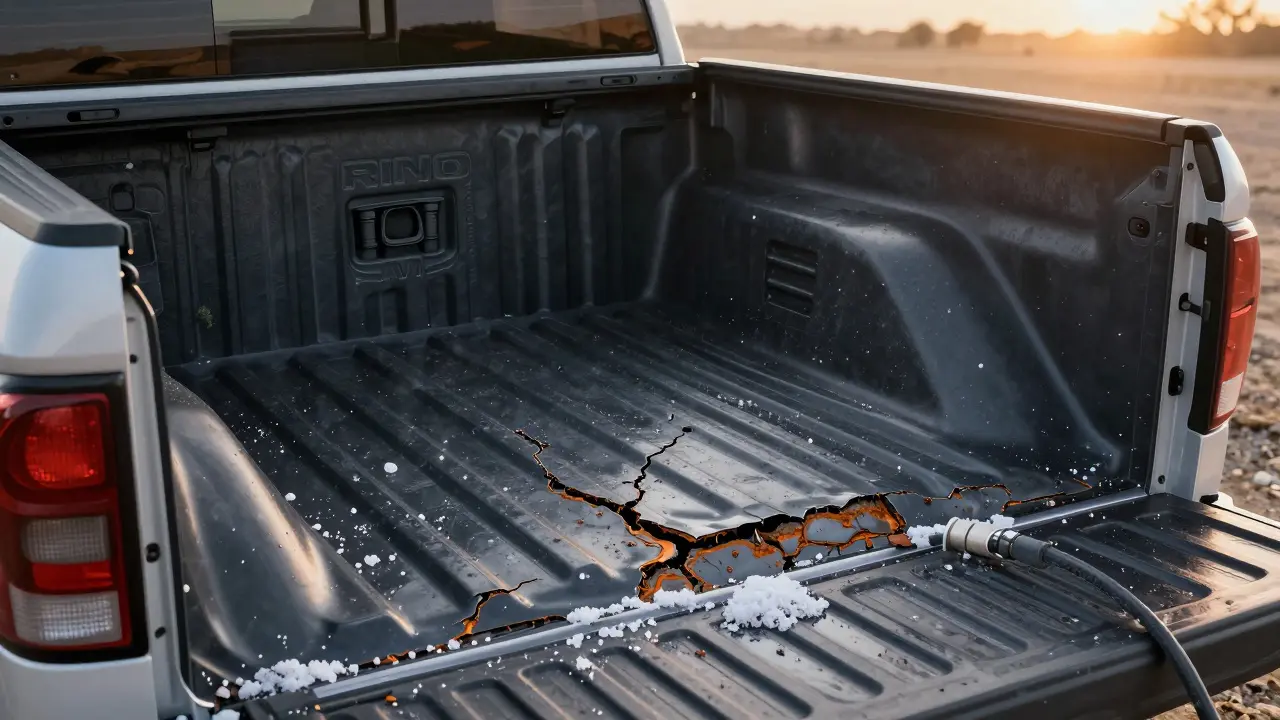 Truck bed with professional spray liner versus trapped moisture under plastic liner, salt crystals and gravel visible.