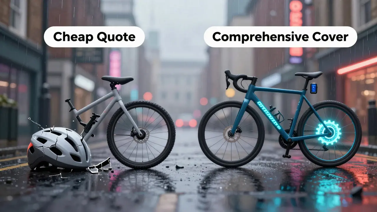 Two paths representing cheap vs comprehensive motorcycle insurance with visual symbols of risk and protection.