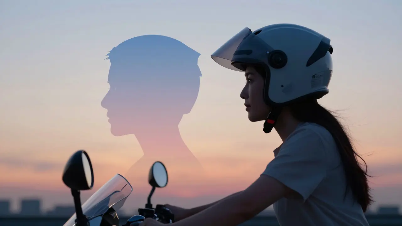 Woman riding motorcycle at dusk wearing a properly fitted helmet with ECE 22.06 sticker, anatomical head shape overlay visible.