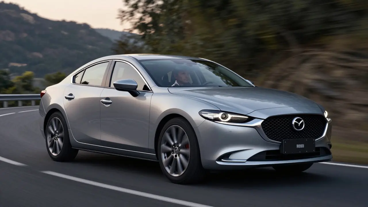 A 2026 Mazda6 taking a sharp curve on a mountain road, interior featuring premium materials and digital screen.