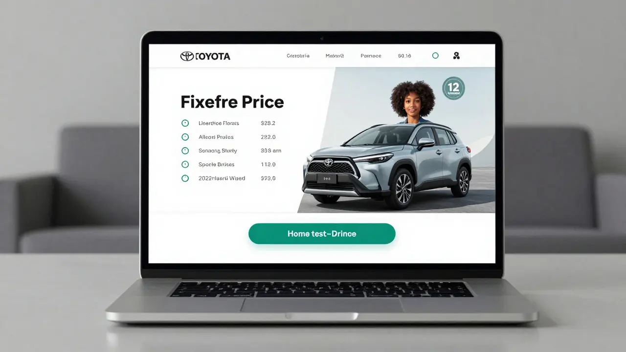 A buyer viewing a fixed-price used EV online at home, with warranty and test-drive options displayed on screen.