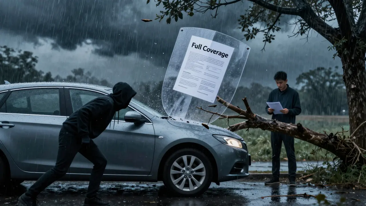 A car under multiple threats — hail, theft, and falling tree — protected by a transparent shield labeled 'Full Coverage'.