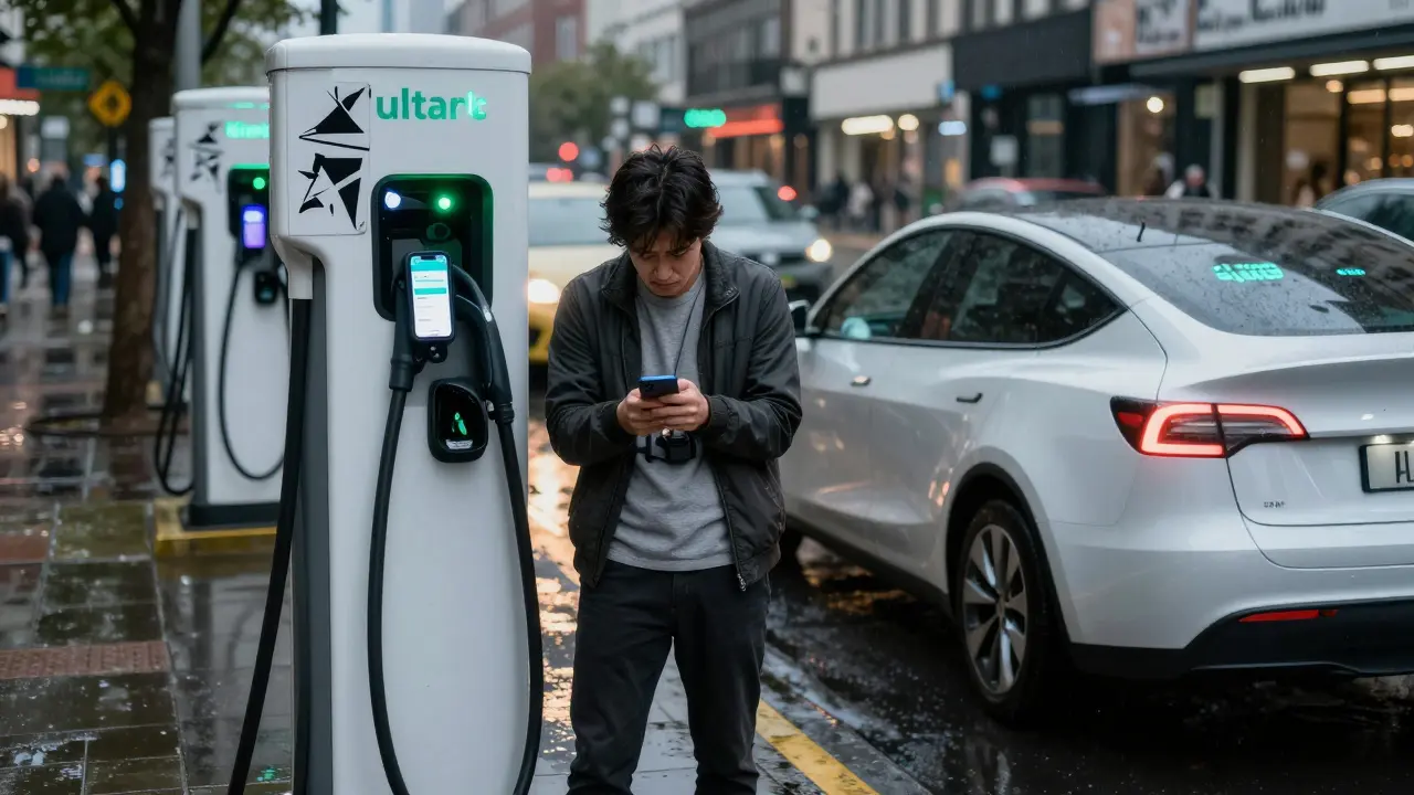 A driver frustrated at a broken public EV charger with multiple phone apps open.