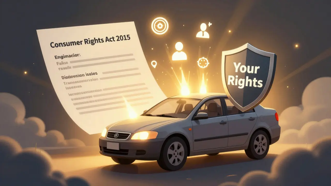 A legal document hovers over a car with glowing defect icons, protected by a shield labeled 'Your Rights'.
