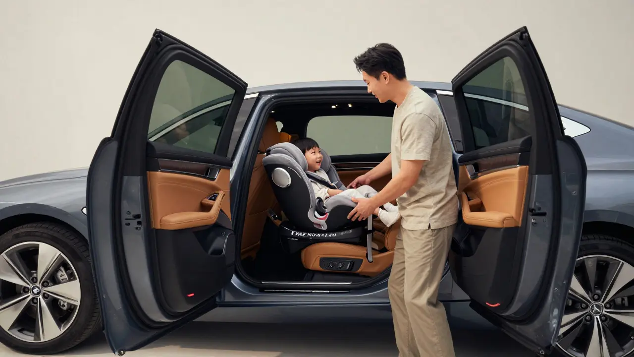 A luxury sedan's wide rear door open, a parent easily installing a child seat in the spacious, well-lit back cabin.