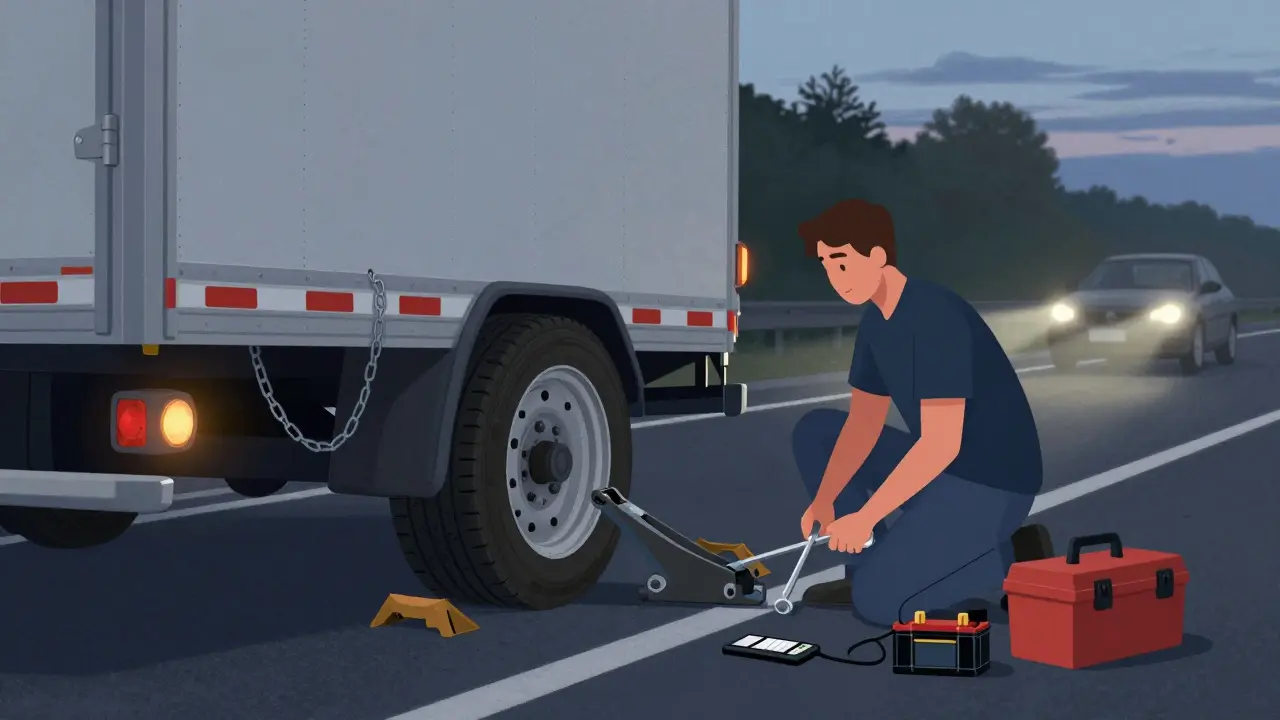 A person changing a trailer tire on the roadside with jack, chocks, and tools laid out nearby.