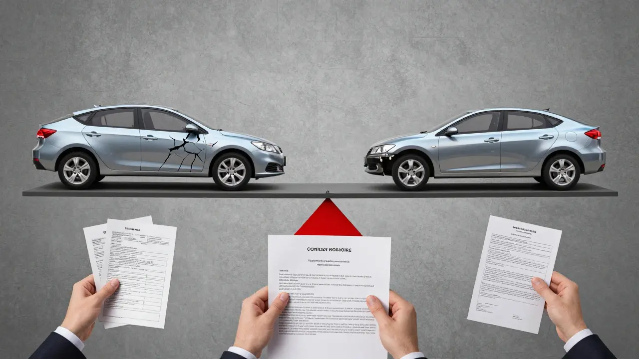 A scale balances a damaged car against a new one, with repair documents rising from below.