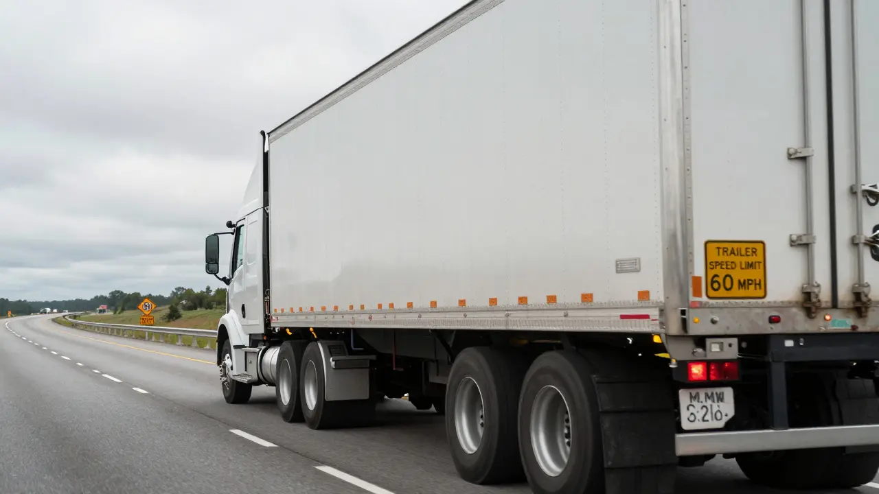 A truck and trailer navigating a highway curve with wind gusts, showing sway control bar and brake lights.