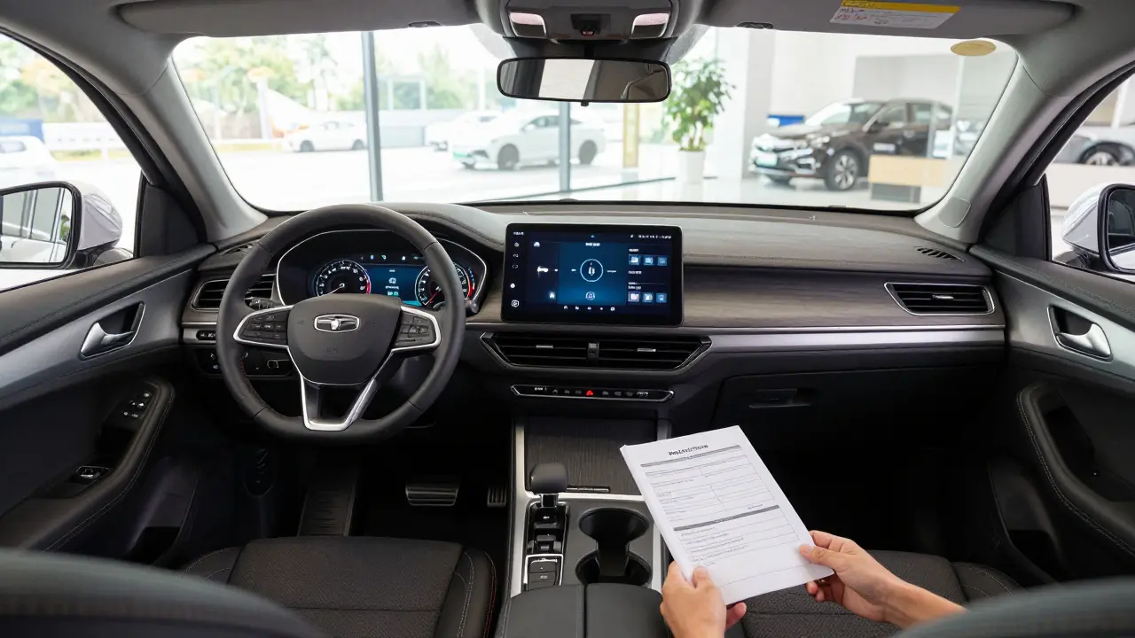 A well-prepared car with empty trunk, service book on seat, and inspection report in hand, ready for trade-in.