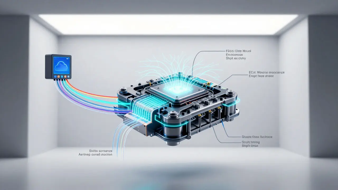 Abstract representation of an ECU receiving performance data via wireless update.