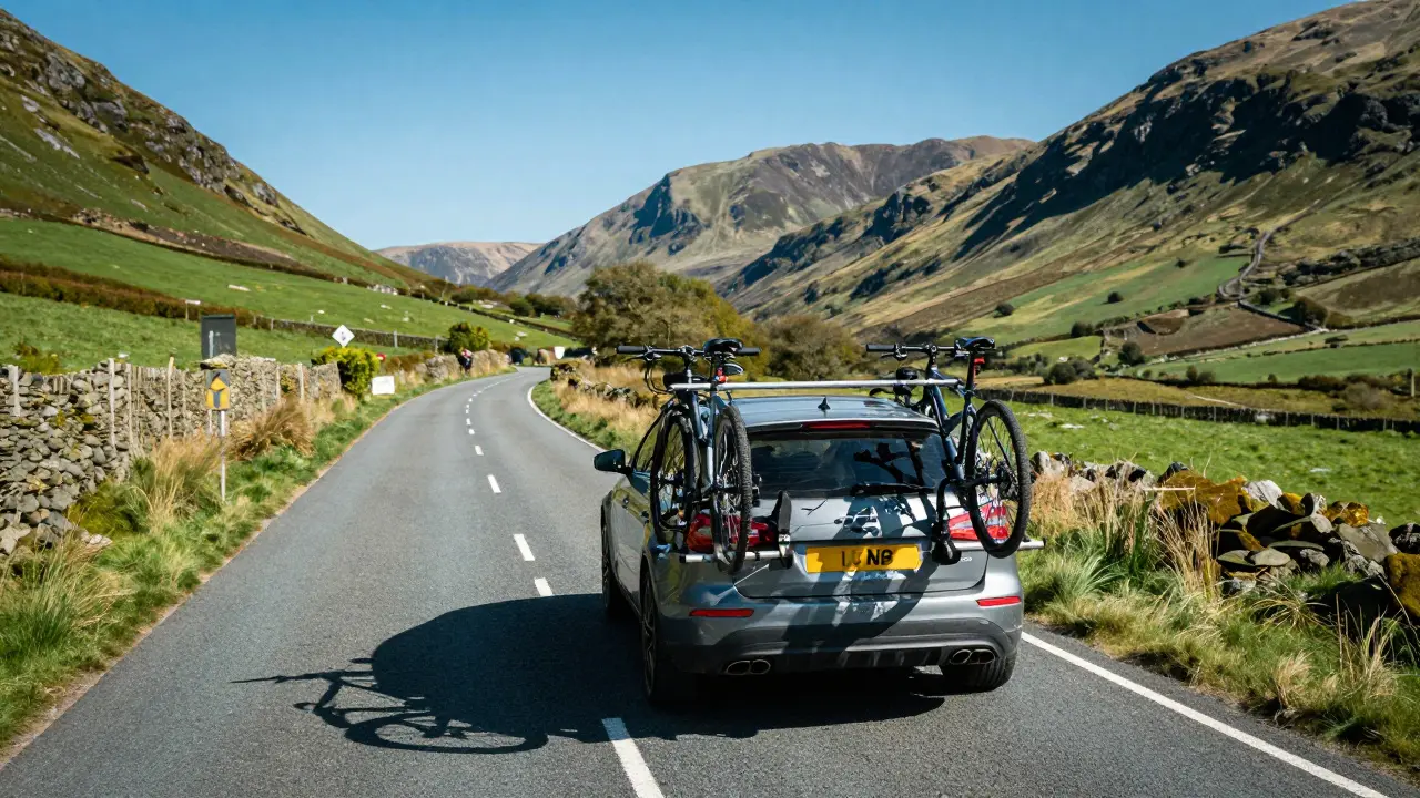 Car with three bicycles on Yakima roof rack heading to Lake District hills