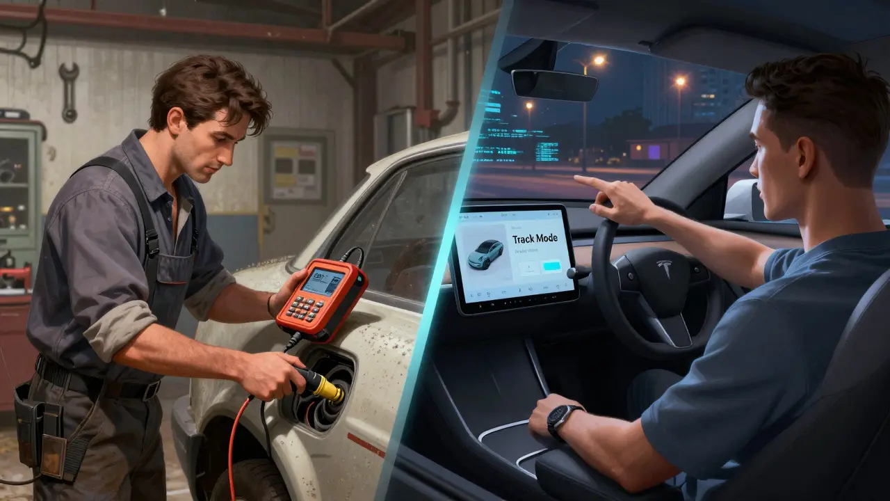 Comparison of traditional car tuning versus modern over-the-air software updates.