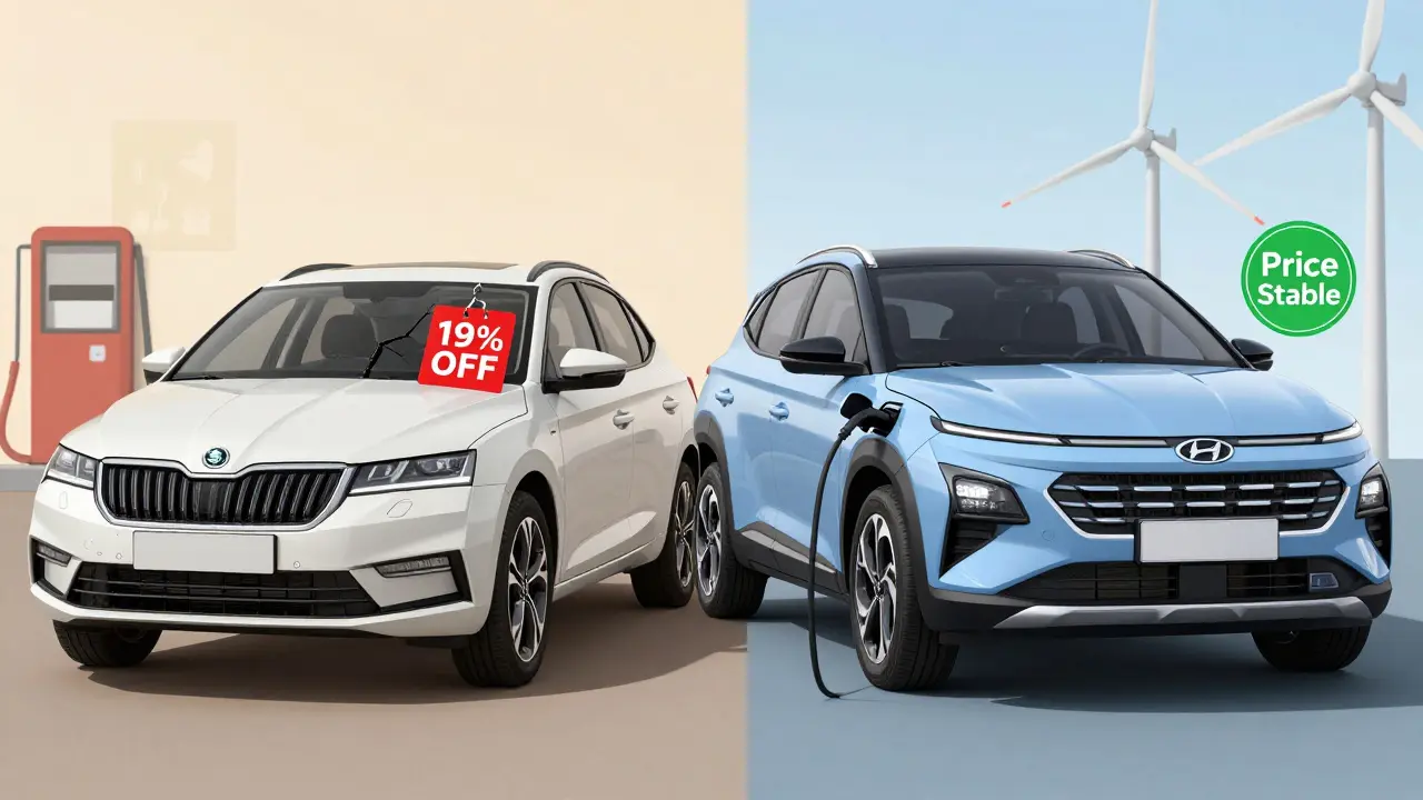 Contrast between a discounted diesel sedan and a stable-value electric SUV, symbolizing market shift in used car demand.