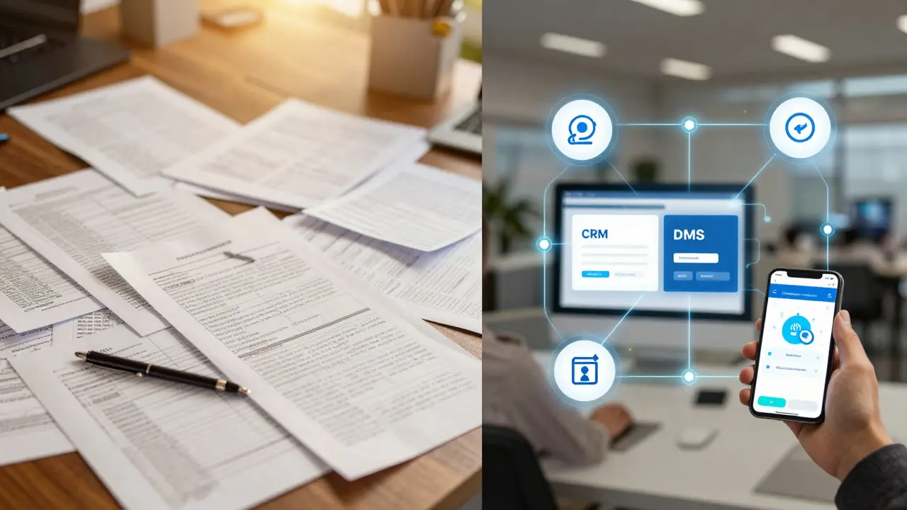Contrast between chaotic manual processes and unified digital dealership workflow.