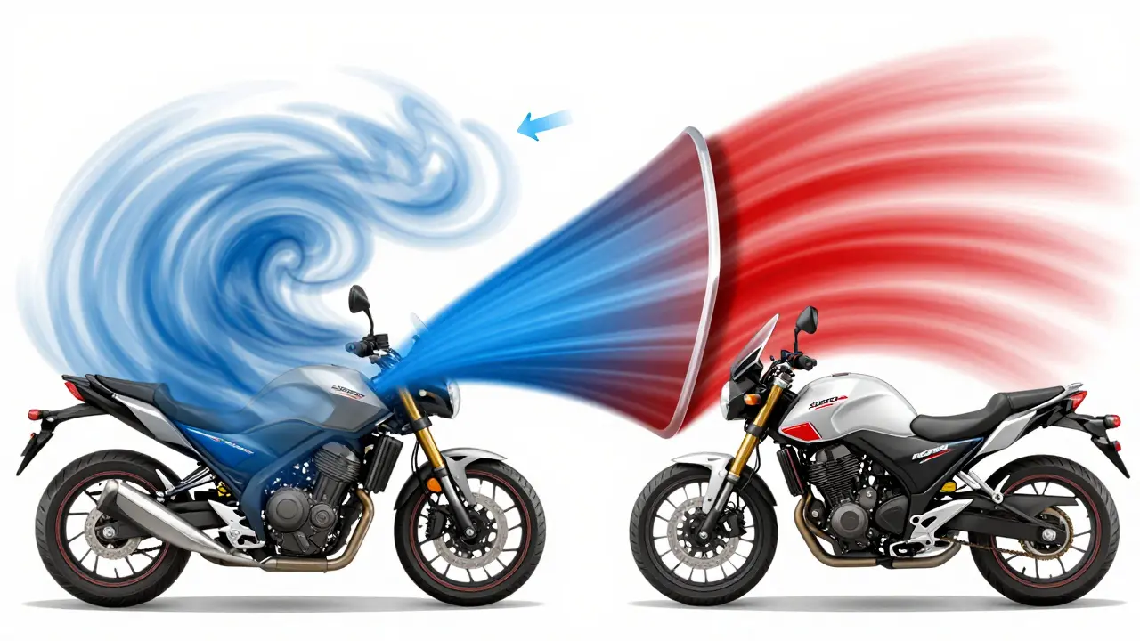 Cross-sectional airflow diagram showing turbulent wind versus smooth flow managed by motorcycle windscreen spoiler and deflectors.