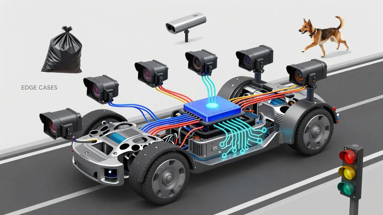 Cutaway technical illustration of an AV's sensor suite with data streams feeding into an AI core.