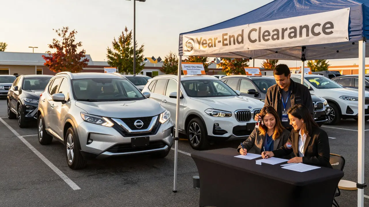 Fall dealership lot with Nissan and BMW models under clearance banners, customer signing paperwork in golden sunlight.