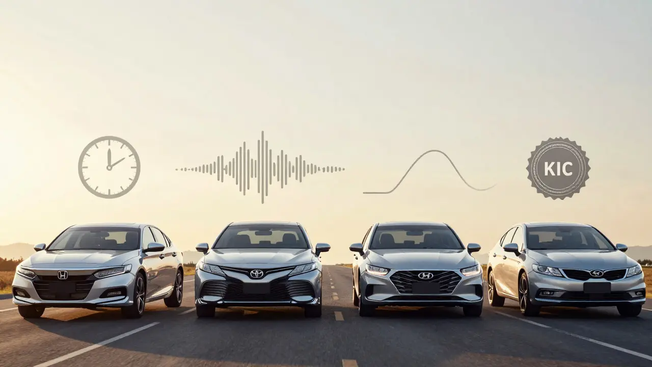 Four mid-size sedans represented symbolically with icons for comfort, performance, reliability, and warranty.