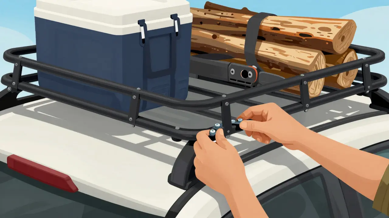 Hands securing Yakima cargo basket on Honda CR-V roof rack