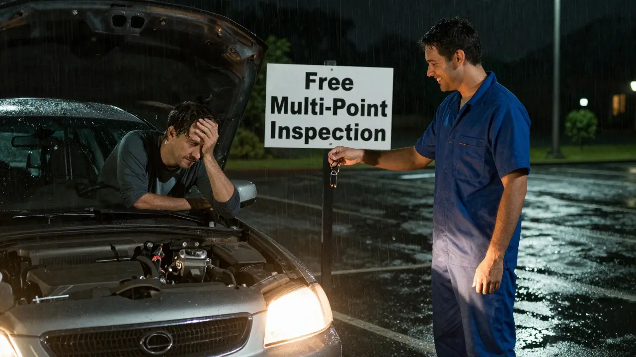 Mechanic hands keys to a relieved customer at night, car headlights glowing in the rain.