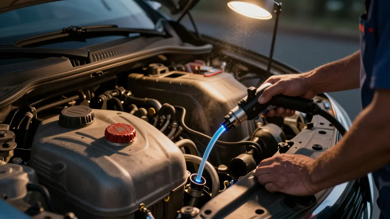 Mechanic performing professional fuel system cleaning with glowing fluid in tubing.