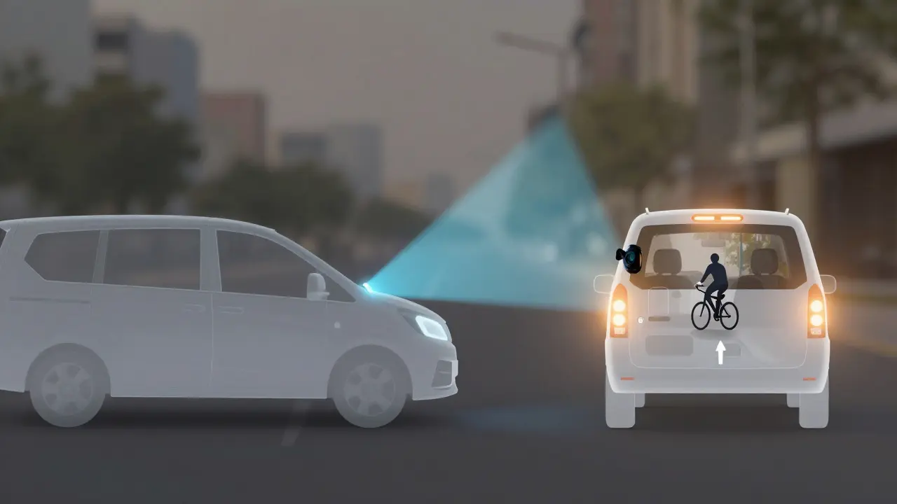 Overlapping sensor fields showing blind spot radar and rear camera coverage around a car.