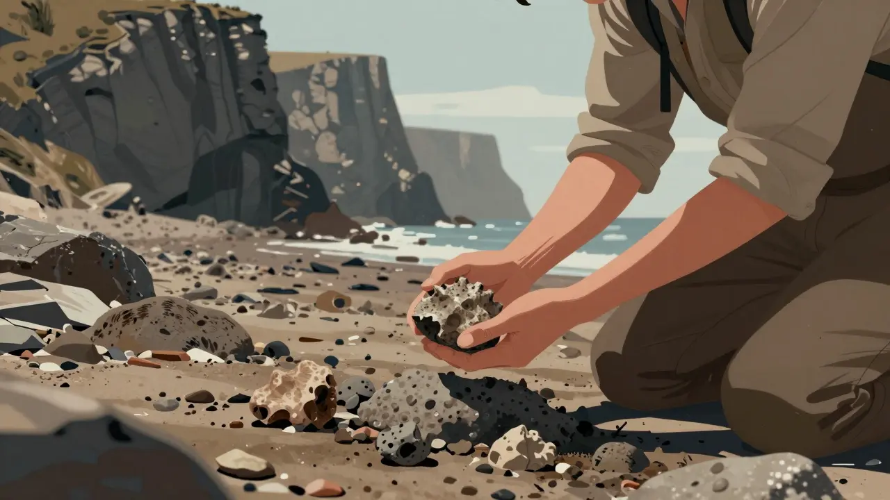 Person examining a fossil on rocky beach with Jurassic Coast cliffs in background