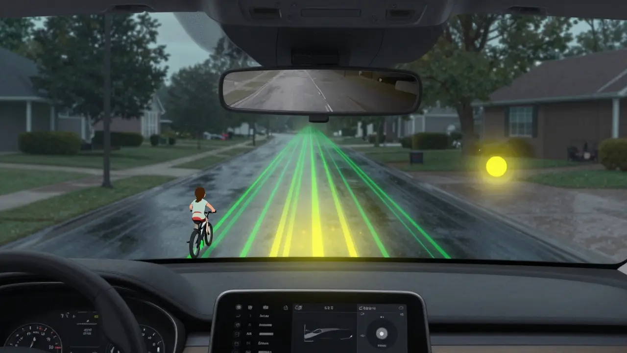 Rear-view camera display with dynamic guidelines and a cyclist detected while reversing.