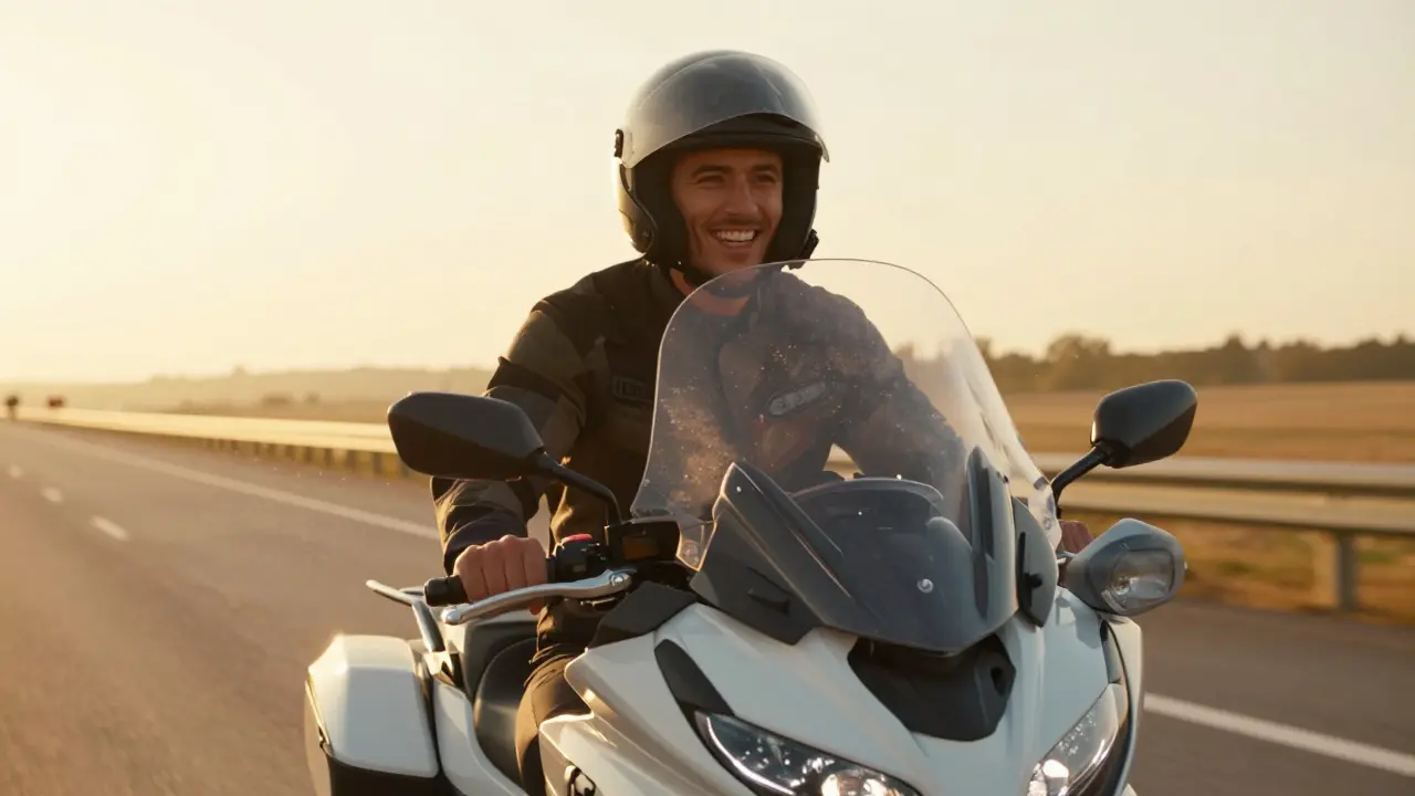 Rider relaxed on long ride, sunlight glinting off windscreen spoiler and deflectors, no signs of wind pressure or fatigue.