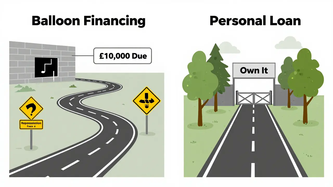 Road comparison showing risky balloon financing path ending in a wall versus clear path to car ownership.