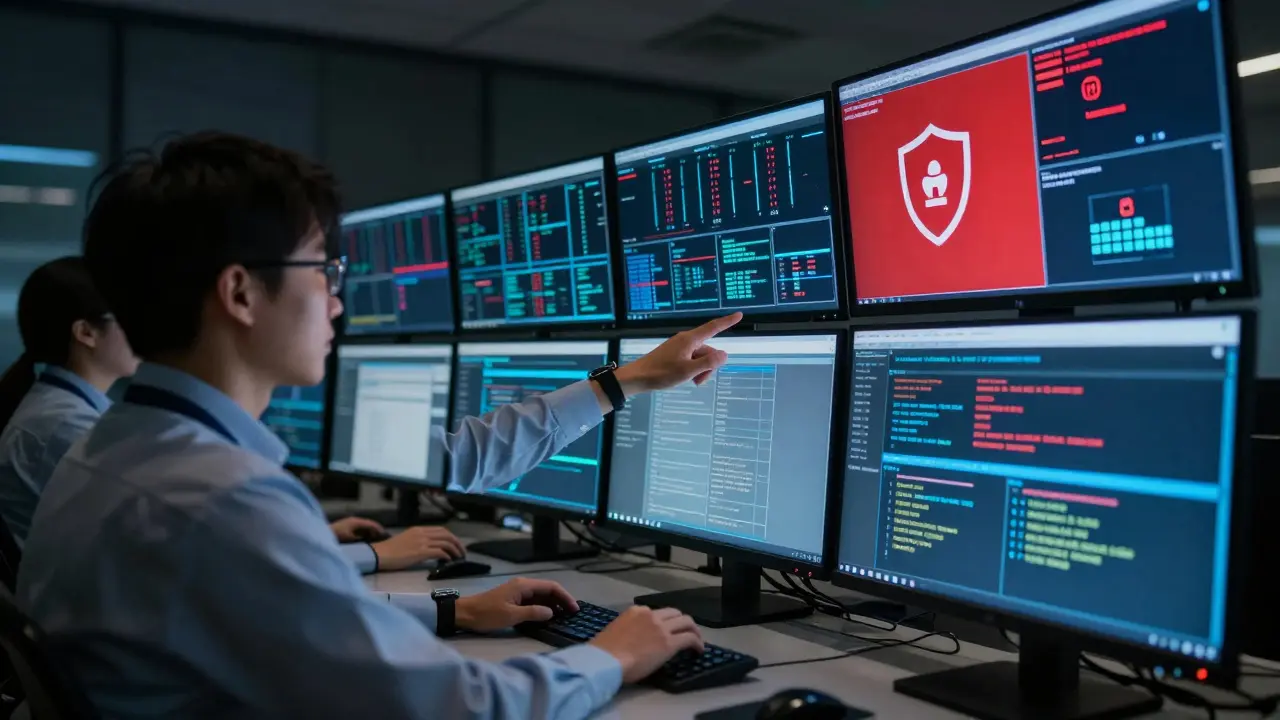 Security team responding to breach in dimly lit operations center.