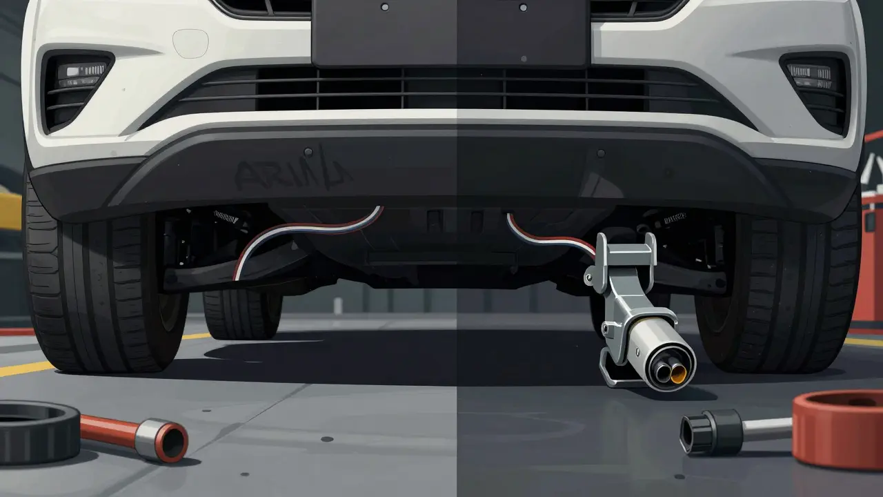 Side-by-side comparison of factory and aftermarket hitch systems under a car, showing integrated wiring versus exposed connections.