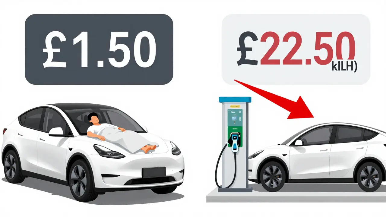 Side-by-side view comparing home and public EV charging costs for the same distance.