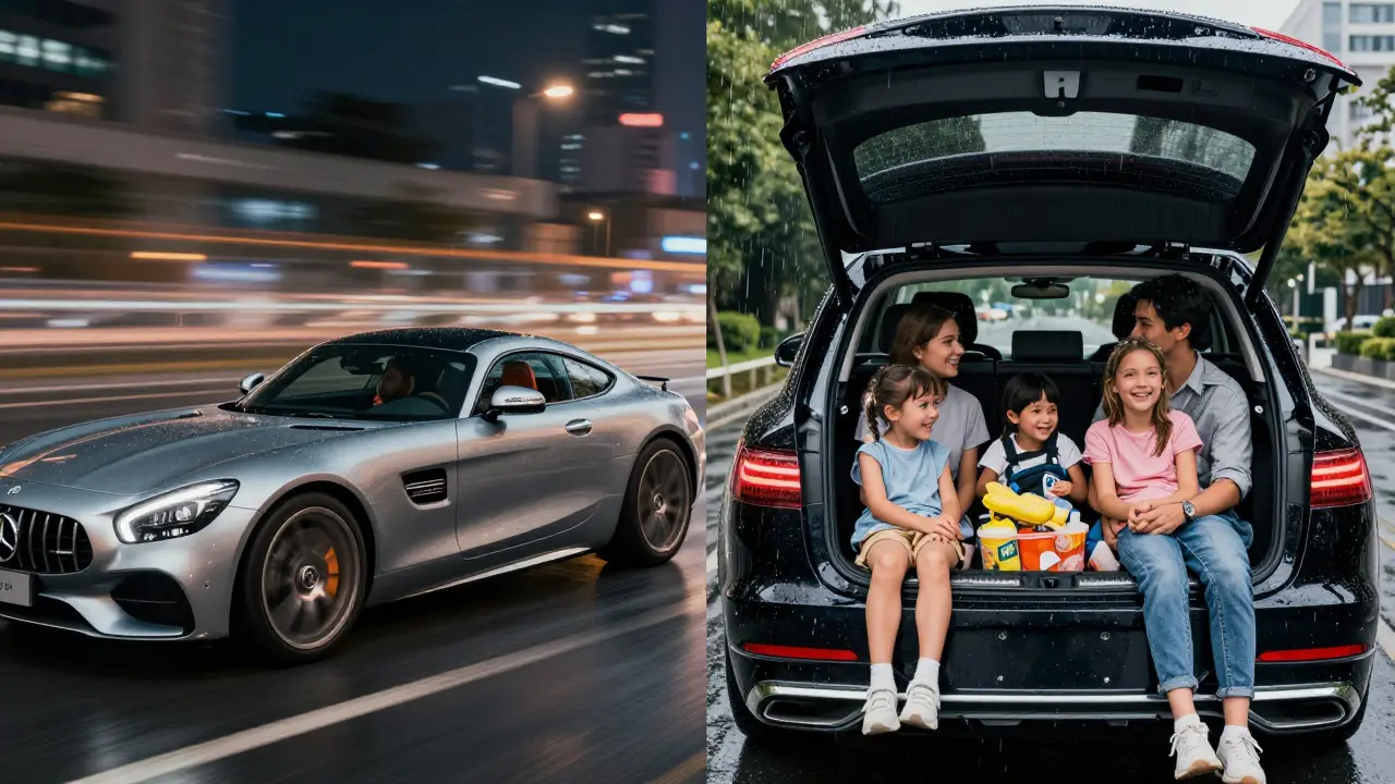 Split image: a lone driver enjoying a sporty coupe at night vs. a family comfortably seated in a luxury sedan with luggage.