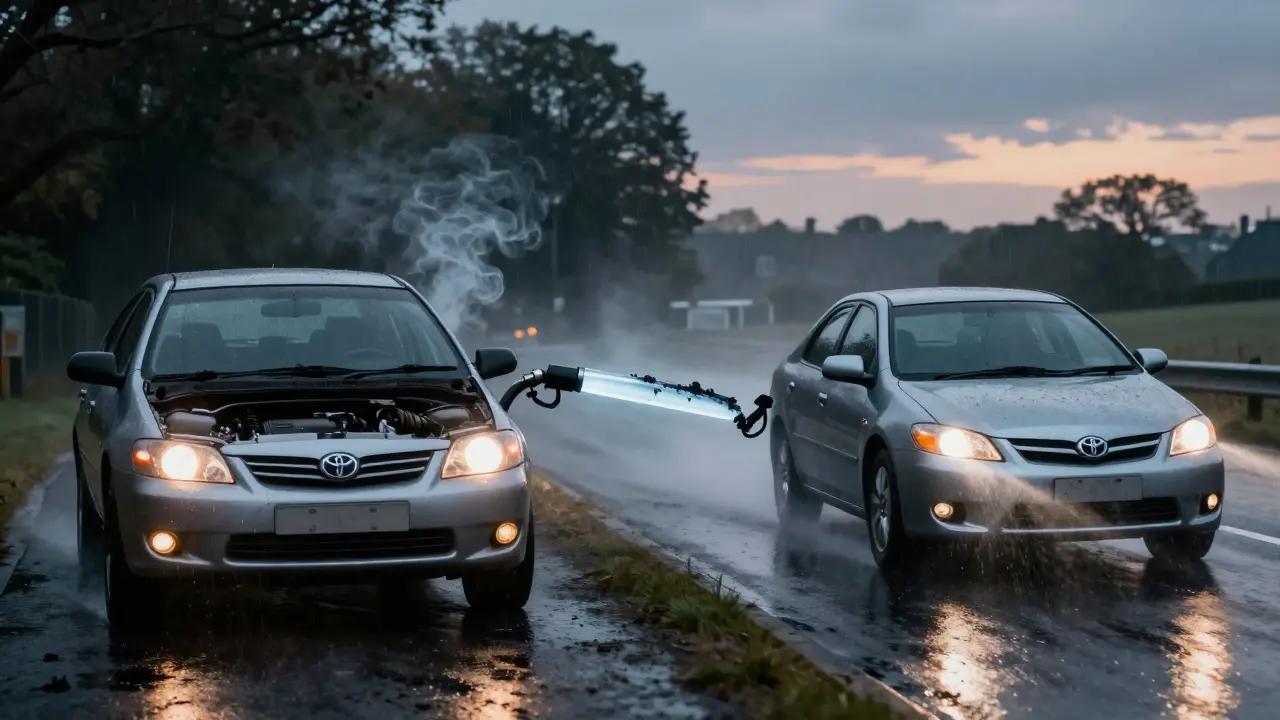 Split image of a car struggling versus running smoothly, with fuel line transforming from dirty to clean.