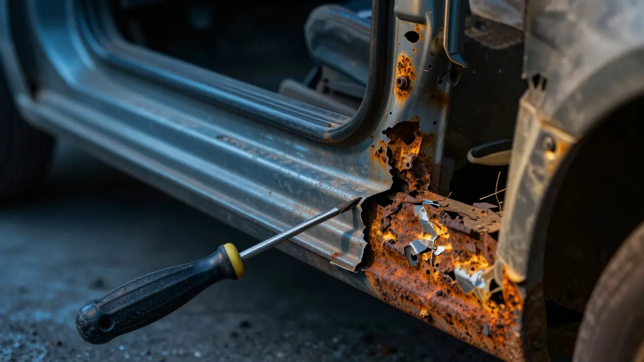 Split-image showing healthy vs. severely rusted car chassis metal under a screwdriver probe.