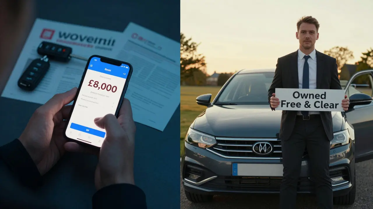 Split image: stressed person facing debt vs. confident person owning a paid-off car.